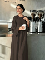 Round Neck Long Dress with Ruffled Flared Wide Sleeves, Soft Lightweight Breathable Fabric Loose Swing Style Dress for Women Daily Home And Outdoor Casual Matching - Coffee Color