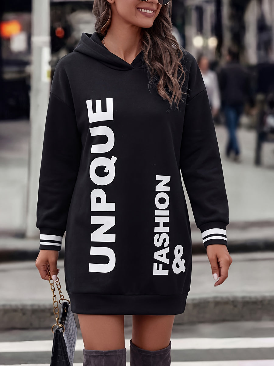 Autumn Winter Women'S New Solid Color Vertical Letter Print Hooded Sweatshirt Dress, UNPQUE FASHION Letter Color-Block Striped Cuffs Loose Mid-Length Sweatshirt, Suitable for Home, Casual Outings, Daily Commute, Street Photography, Campus Wear - Black