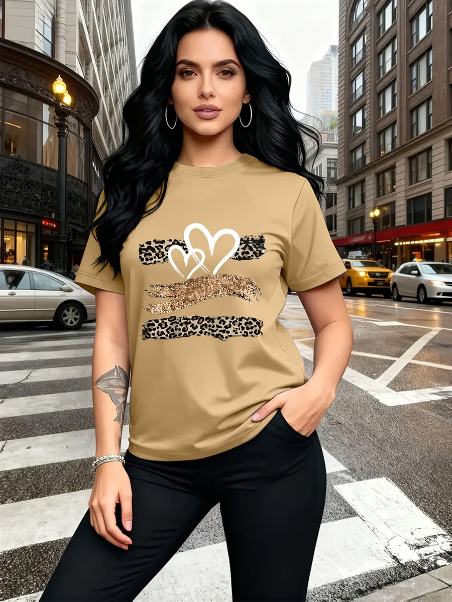 Leopard Print Heart Glitter-themed Pattern Print, Fashionable Breathable T-shirt, for Family Travel,, Casual S, Daily Commutes, Matching Outfits for Sisters, Versatile T-shirt 30057 - Khaki