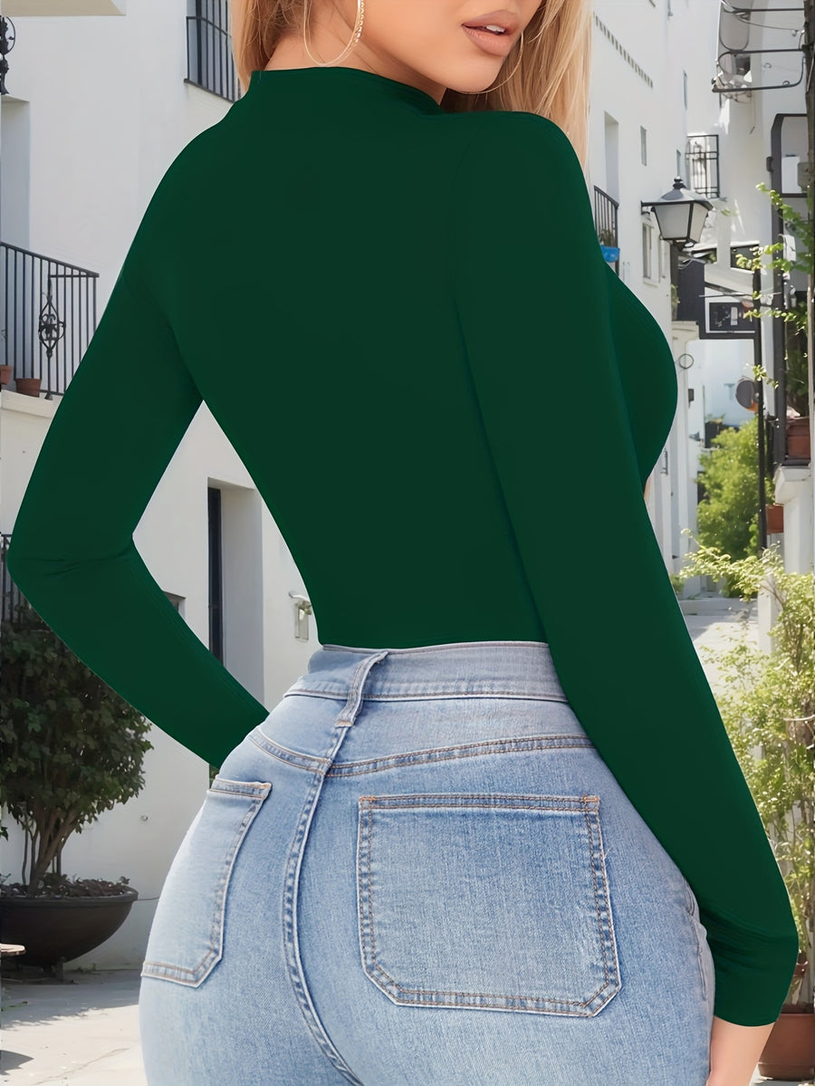 Women'S Long-Sleeve Jumpsuit with a Deep V-Neck And Zipper, Perfect for Autumn And Winter Outings - Dark Green