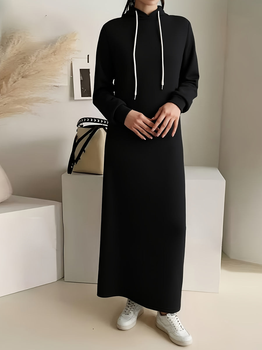 Plus Size - Women'S Autumn And Winter New Style Plus Velvet Thickened Sweatshirt Dress, Women'S Over-The-Knee Long Loose Hooded Dress - Black