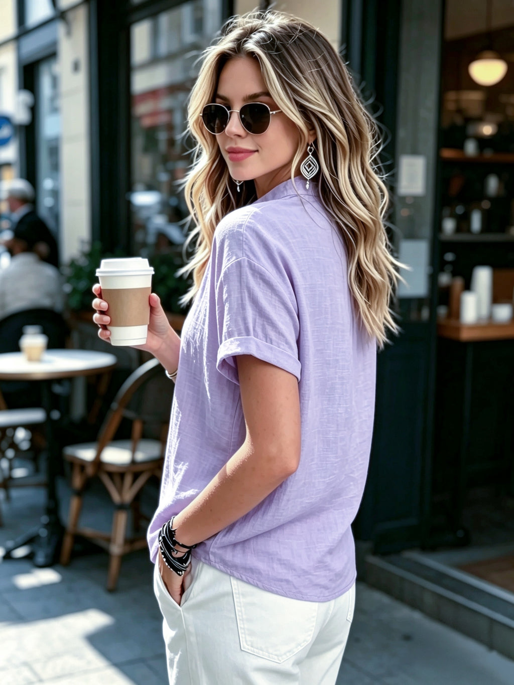 Ladies' Casual Solid Color Short Sleeve Shirt, Versatile Commuting Style Top, Loose And Comfortable, Lightweight And Breathable - Light Purple