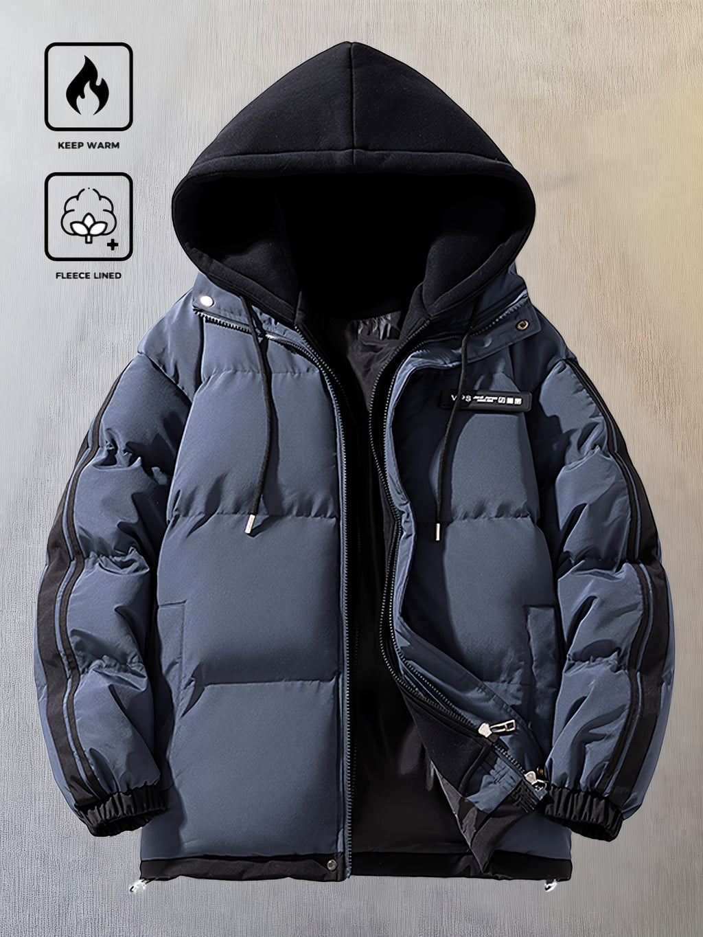 Men'S Autumn Winter New Faux Two-Piece Thickened Hooded Zip-Up Jacket Casual Fashion Outdoor Sports Trendy Coat - Navy Color