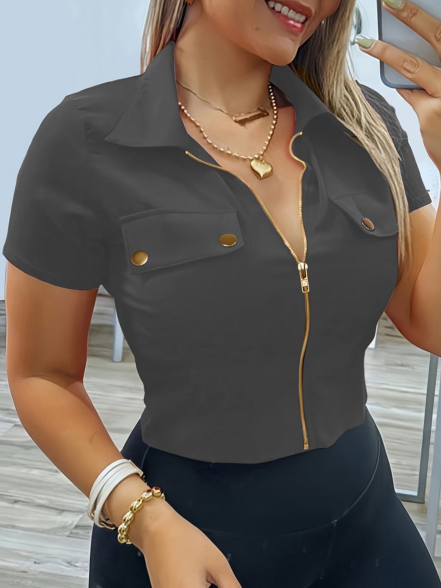 25 New Vacation Style, Spring/Summer Women's Fashion Slim-Fit Neckline Zipper Metal Decorative Sexy Shirt - Grey