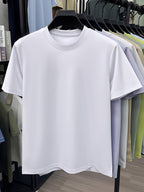 NERPOLO Men's Solid Color Short Sleeve T-Shirt - Round Neck Casual Summer Tee with Suitable for Middle-Aged, Regular Fit Breathable Shirt, Hand Washable Solid Color Round Neck Half-Sleeve Blouse for Casual Attire (No Transparency) - White
