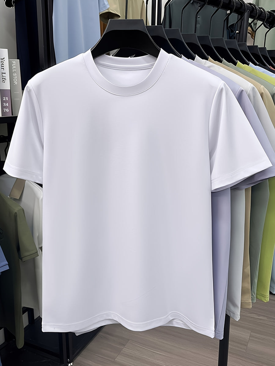 NERPOLO Men's Solid Color Short Sleeve T-Shirt - Round Neck Casual Summer Tee with Suitable for Middle-Aged, Regular Fit Breathable Shirt, Hand Washable Solid Color Round Neck Half-Sleeve Blouse for Casual Attire (No Transparency) - White