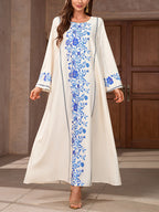New Women'S A-Line Long-Sleeve Dress with a Round Neck Featuring Floral Prints Inspired by Middle Eastern And Western Spring And Summer Styles, Perfect for a Relaxed And Elegant Bohemian Look During Holidays And Everyday Wear - White