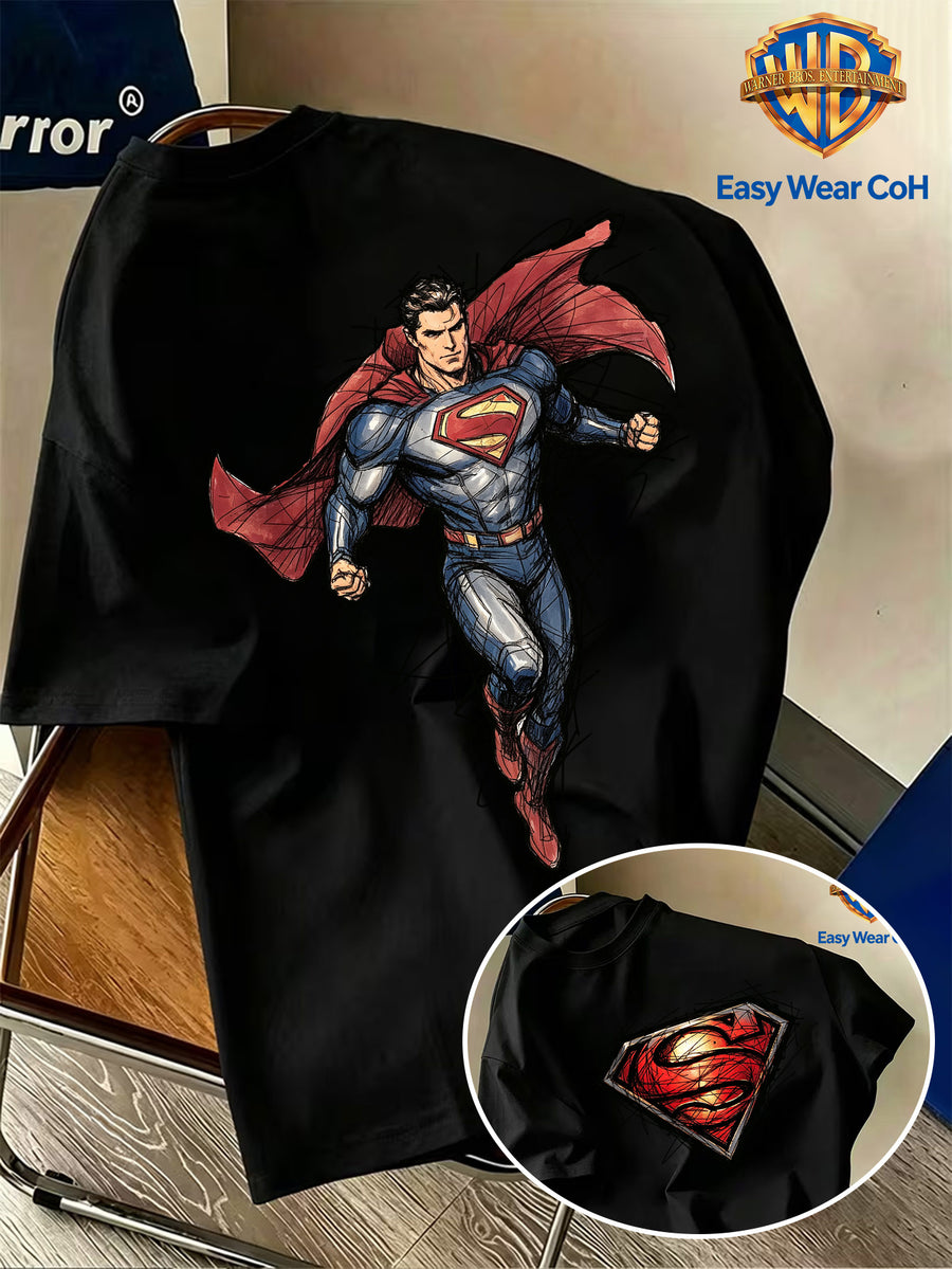 Warner Bros. Authentic Men's Pure Cotton Short-Sleeve T-Shirt, Featuring a Classic Hand-drawn Sketch-style Superman Core Pattern + S Shield Logo Creative Print. The Sketch Design Has Finely Detailed Layers, and the Pure Cotton Fabric Dispels Summer - Black