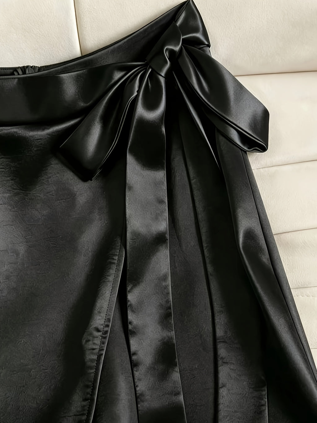 Women'S Fashion Commuter Satin Irregular Lace Bow Zipper Wide-Leg Long Pants - Black