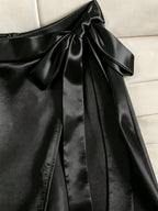 Women'S Fashion Commuter Satin Irregular Lace Bow Zipper Wide-Leg Long Pants - Black