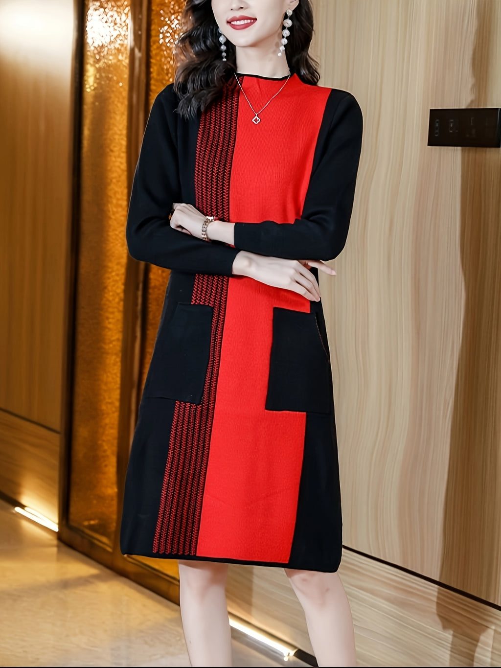Autumn And Winter Women'S Dress Winter New Style Dress High-End Mid-Length Pullover Sweater Dress - Red