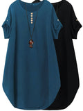 Plus Size, New Plus Size Women's 2pcs Set: Solid Color Dress with Short Sleeves and Women's Top - Peacock blue+black