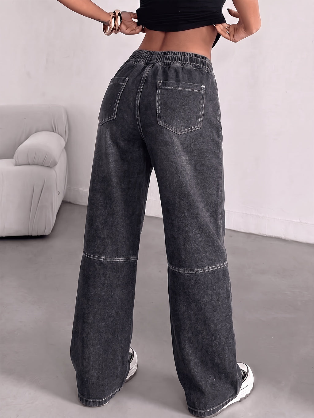 2026 Spring/Autumn New Women'S Jeans, Elastic Waistband with Drawstring, Contrast Color Patchwork Design Side Stripe Casual Style Women'S Jeans - Black