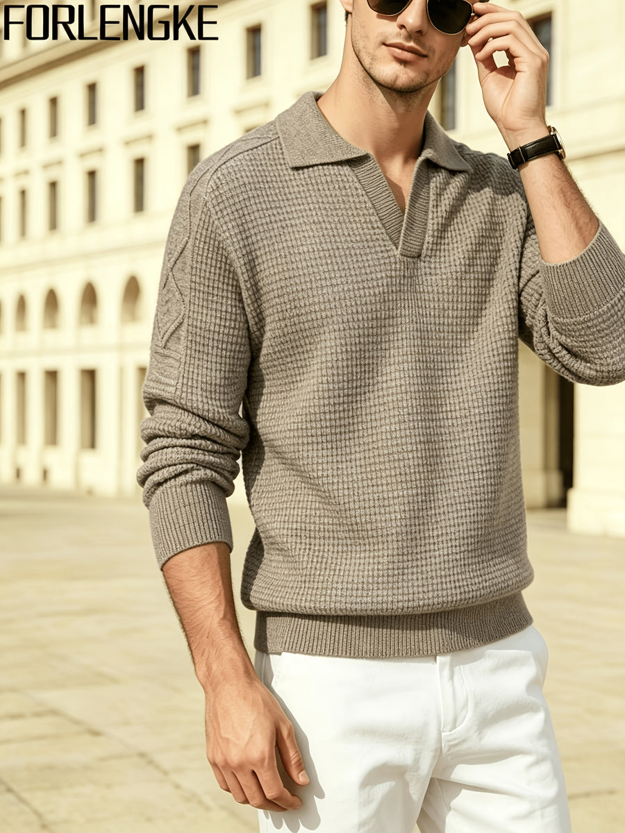 FORLENGKE Men'S Casual Polo Knit Top with Fold-Over Collar, V-Neck Opening, Waffle Knit Fabric, Diamond Cable Pattern on Shoulders, Warm And Stylish for Fall/Winter, Perfect for Daily Casual Wear, Shopping, And Outings - Khaki