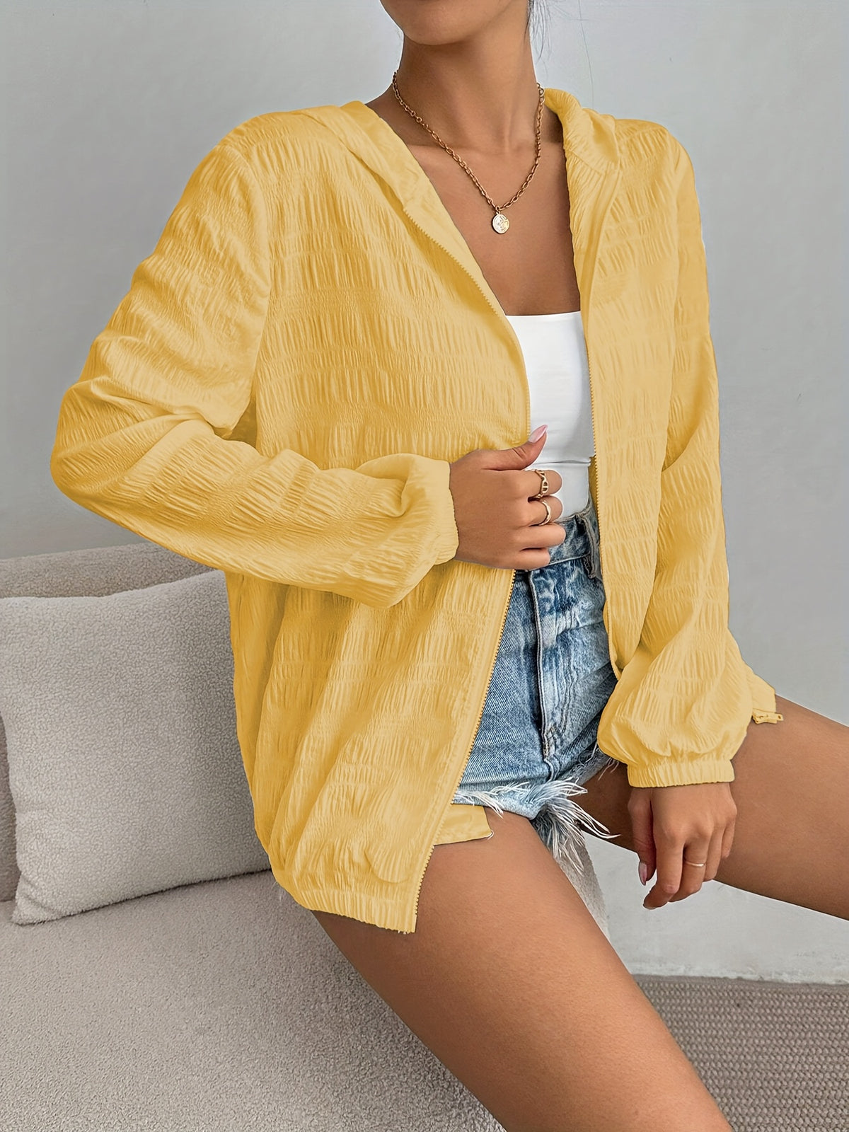 Comfortable Comfortable | Women'S Lightweight White Hooded Jacket - Casual Pleated Design, Zipper Closure, Long Sleeves, Machine Washable - Versatile Outerwear for All Seasons - Yellow