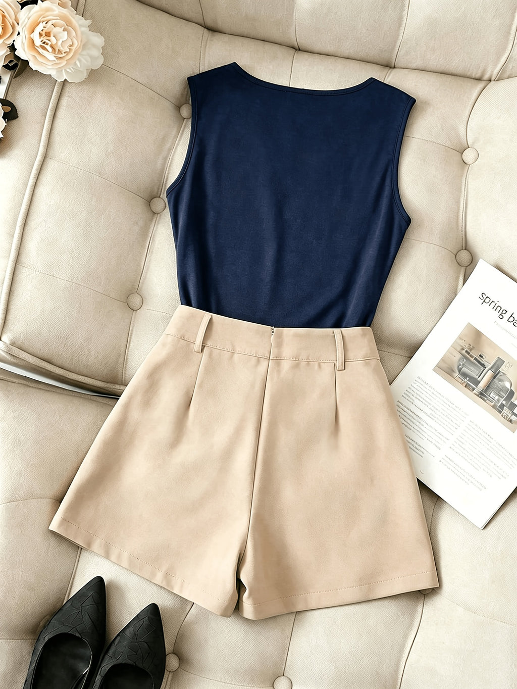 ZD260407049This New Spring/summer Women's Sleeveless Slim-fit Brown Vest Features a Ruffled Neckline and Comes with an Apricot Wide-leg Skirt. This 2pcs Outfit Is Suitable for Casual Attire, Business Occasions, Dates, and Various Other Events. - Navy Color