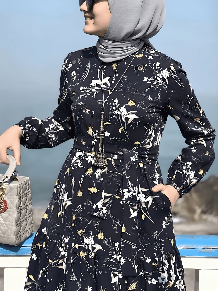 Comfortable Middle Eastern Print Long Dress Robe | Floral Pattern, Long Length, With Belt, Suitable For All Seasons - Navy Color