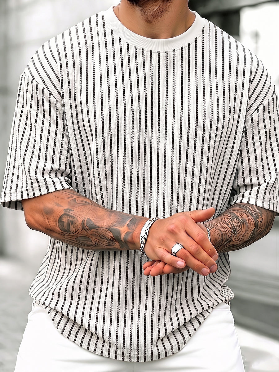 Men'S Casual Comfortable Round Neck Retro Striped Short Sleeve T-Shirt, Fresh Outfit Essential, Premium And Easy, Not Easy 2HLT26, All Season, Pockets, Regular Fit, Multicolor - White Bar