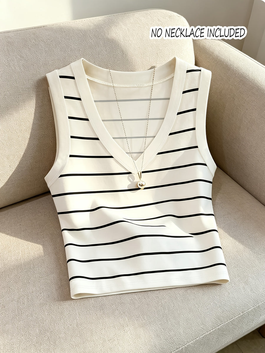 Summer Easy Breathable V-Neck Striped Sleeveless Vest Top for Women, Slim Fit, Can Be Worn Outside Or As a Base Layer, Casual Fashion Commuter Style, Bottoming Shirt - Stripe