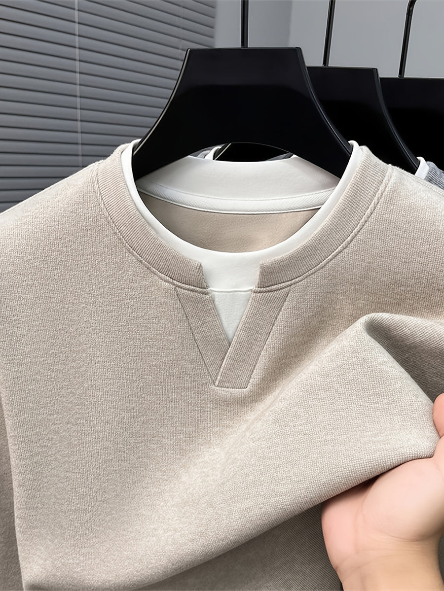 Men'S V-Neck Faux Two-Piece Long Sleeve Sweatshirt, Suitable for Commute And Casual Wear, Outerwear And Inner Wear, Regular Shoulder Long Sleeve Pullover Sweatshirt - SINBOS - Oat