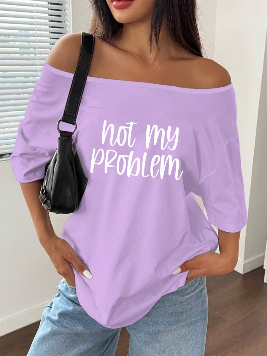Women's Off-Shoulder Short Sleeve T-Shirt - Breathable Stretch Fabric Oversized Loose Fit Top with Off-Shoulder Neckline & Lettering Print, Soft Suitable for Spring Summer Beachwear, Casual Blouse for Layering - Purple