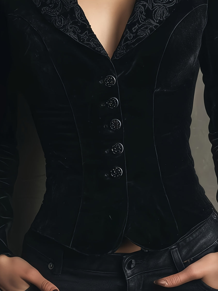 Solid Color Autumn Velvet Embroidery Lapel Victorian Style Party Slim Fit Suit Jacket-Zllz - Black