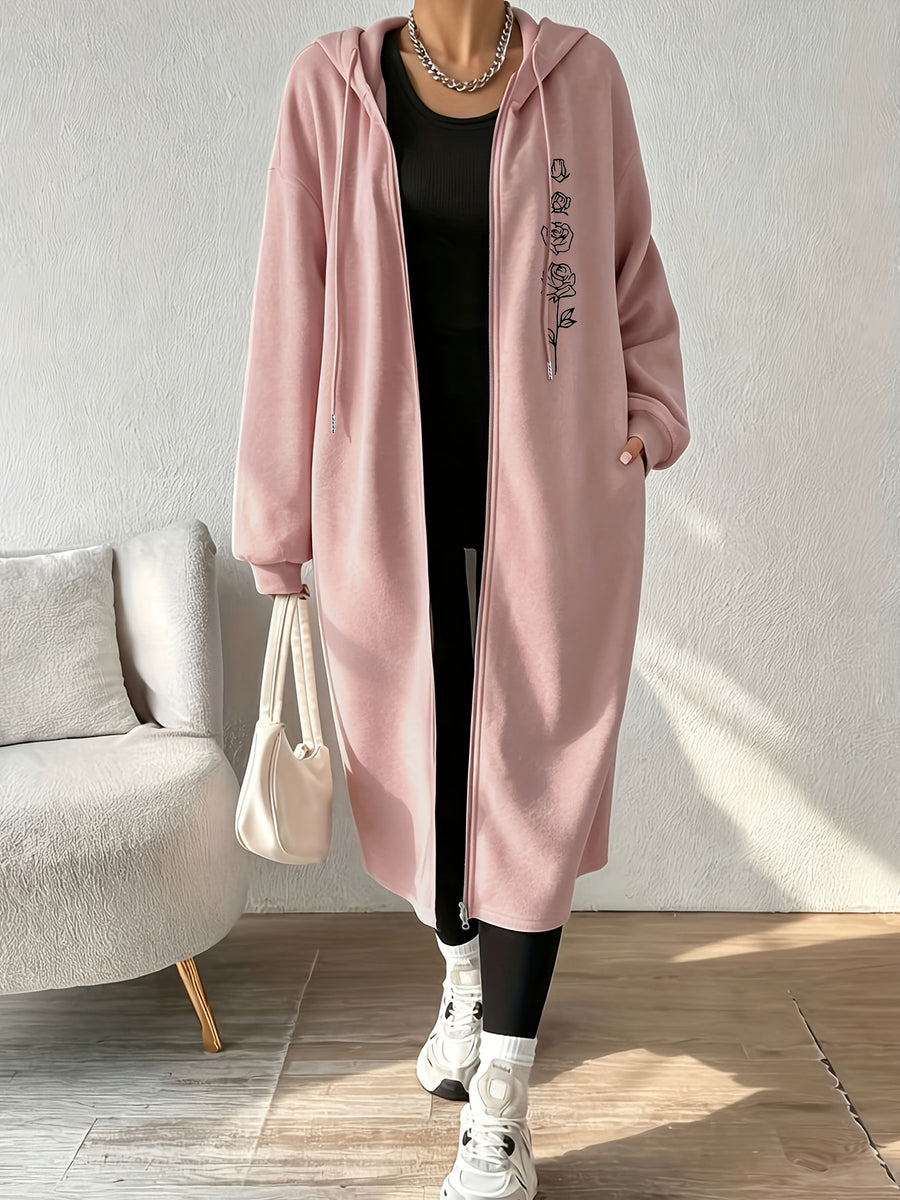 Women'S Fashion Color-Block Jacket Zipper Coat, Valentine'S Day Rose Pattern Print - Peach