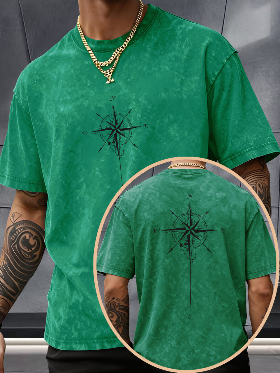 Men's Washed Distressed Pure Cotton Loose Fit Drop Shoulder T-Shirt with Vintage Compass and Anchor Line Graphic Print on Front and Back, Versatile American Streetwear High Street Hip-Hop Style, Couple's Matching Outfit for Streetwear, Daily Outings - Green