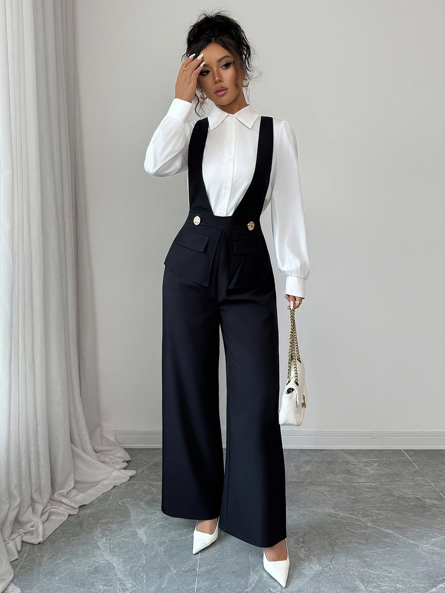 ASD1 Women'S Black Deep V-Neck Jumpsuit with Decorative Waist Buckle, Front Panel Stitching Design, Elegant And Exquisite Teacher'S Outfit - Black