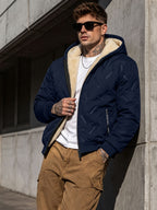 CWPKF Men's Winter Hooded Windproof Jacket with Padded & Zippered Pockets - Thickened Warm Coat Suitable for Weather, Machine Washable Hooded Outerwear for Daily Commute, Outdoor Activities, Gift Choice (Regular Fit) - Blue