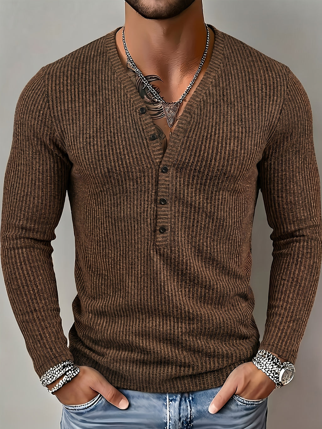 ROYALBOY Men's Autumn New Textured Two-Tone Striped Fabric Deep V-Neck Long Sleeve Outdoor Fashion Sports Top - Coffee Color