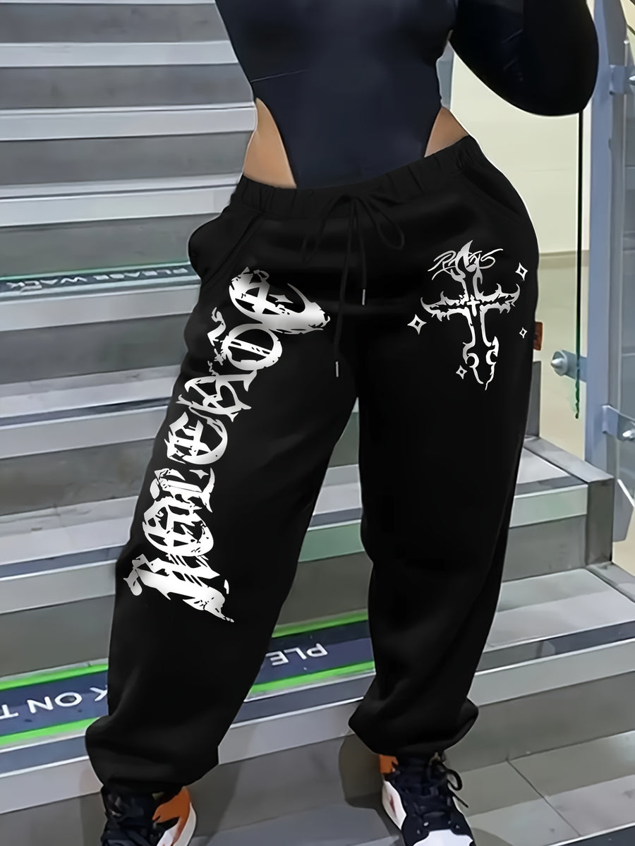 Graphic Print Regular Sweatpants, Autumn/Winter, Women's Clothing - Black