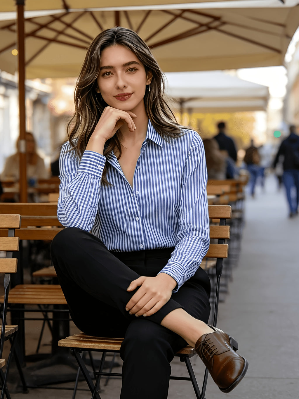 European Style Literary Fresh Vertical Striped Loose Commuting Versatile Long-Sleeve Shirt for Women - Multicolor