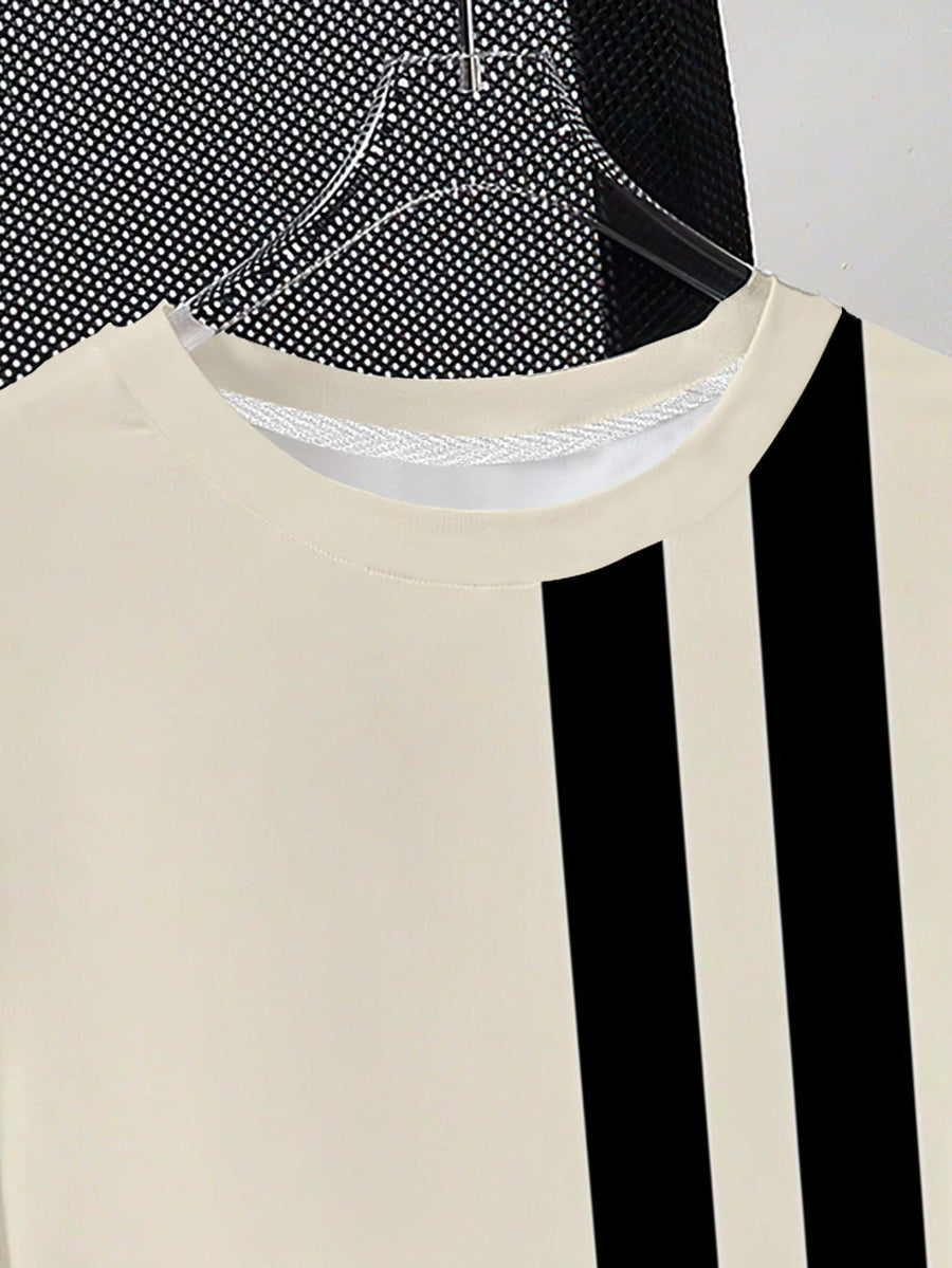 Trendy Contrast Striped Men'S Round Neck Short Sleeve T-Shirt, Easy Fashion Daily Casual Commute Short Sleeve Top, Individual Vertical Stripes And Sleeve Double Stripes Design Youth Versatile Slim Short Sleeve - Mixed colors