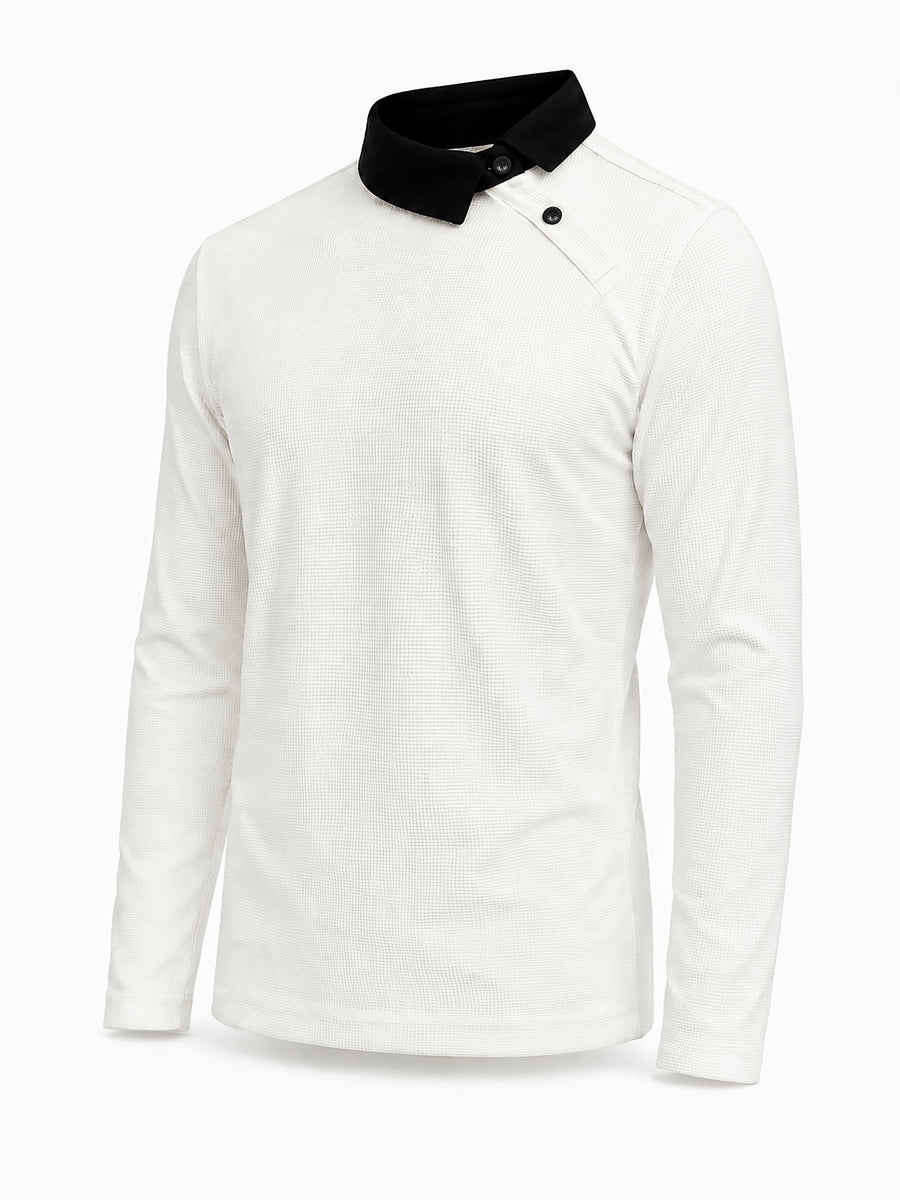 Pearson OBM Christmas Holiday Event, 1pc Adult Men's Multi-Color Fine Waffle Knit Long-Sleeve Lapel Top with Contrast Collar, Dual Black Buttons, and Asymmetrical Slanted Placket Design, Vintage Street-Style Light Luxury Look, Comfortable Fit - White