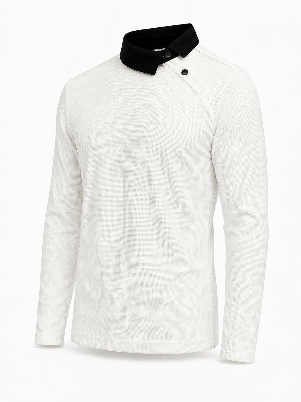 Pearson OBM Christmas Holiday Event, 1pc Adult Men's Multi-Color Fine Waffle Knit Long-Sleeve Lapel Top with Contrast Collar, Dual Black Buttons, and Asymmetrical Slanted Placket Design, Vintage Street-Style Light Luxury Look, Comfortable Fit - White