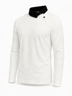 Pearson OBM Christmas Holiday Event, 1pc Adult Men's Multi-Color Fine Waffle Knit Long-Sleeve Lapel Top with Contrast Collar, Dual Black Buttons, and Asymmetrical Slanted Placket Design, Vintage Street-Style Light Luxury Look, Comfortable Fit - White