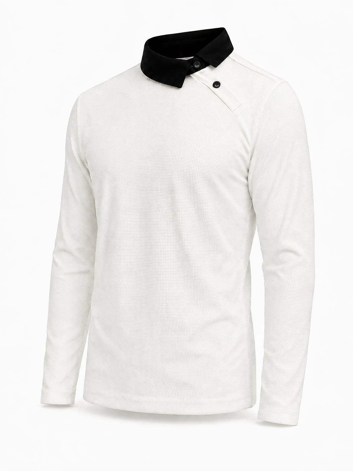 Pearson OBM Christmas Holiday Event, 1pc Adult Men's Multi-Color Fine Waffle Knit Long-Sleeve Lapel Top with Contrast Collar, Dual Black Buttons, and Asymmetrical Slanted Placket Design, Vintage Street-Style Light Luxury Look, Comfortable Fit - White