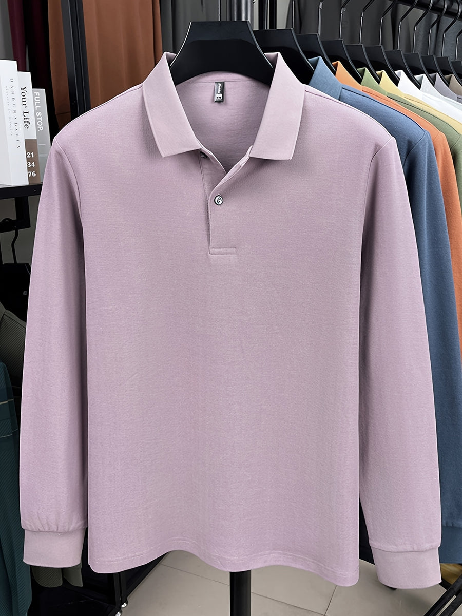Spring and Autumn Men's Lapel Polo Shirt, Fashionable Solid Color Base Layer Top, Versatile Business Casual Long Sleeve T-Shirt, Suitable for Daily Work Scenes, The Best Gift for Friends and Relatives - Light Purple