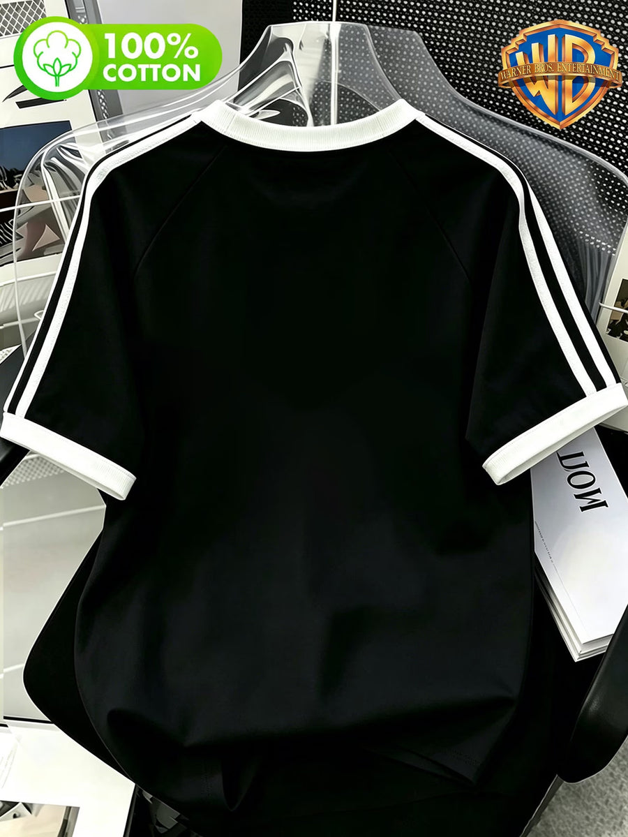 Warner Official LeYiTong Rabbit Bags Trendy Drink Printed Street Short Sleeved T-shirt, American Contrasting Ribbed Round Neck Top, Men's 100% Cotton Multifunctional Sports and Leisure Style Summer Short Sleeved T-shirt, Suitable for Outdoor Wear - Black
