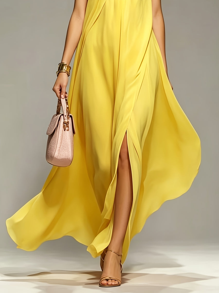 New Spring/Summer 2026 Small Round Neck Fashionable Split Versatile Women's Dress - Yellow
