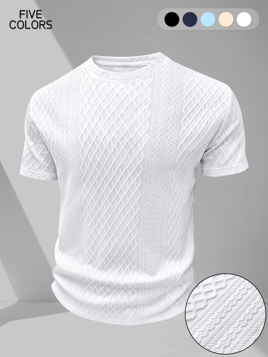 Men'S Summer Casual Premium Textured Solid Round Neck Short Sleeve, Comfortable Breathable Textured Fabric T-Shirt, Suitable for Outdoor Vacation And Daily Wear - White
