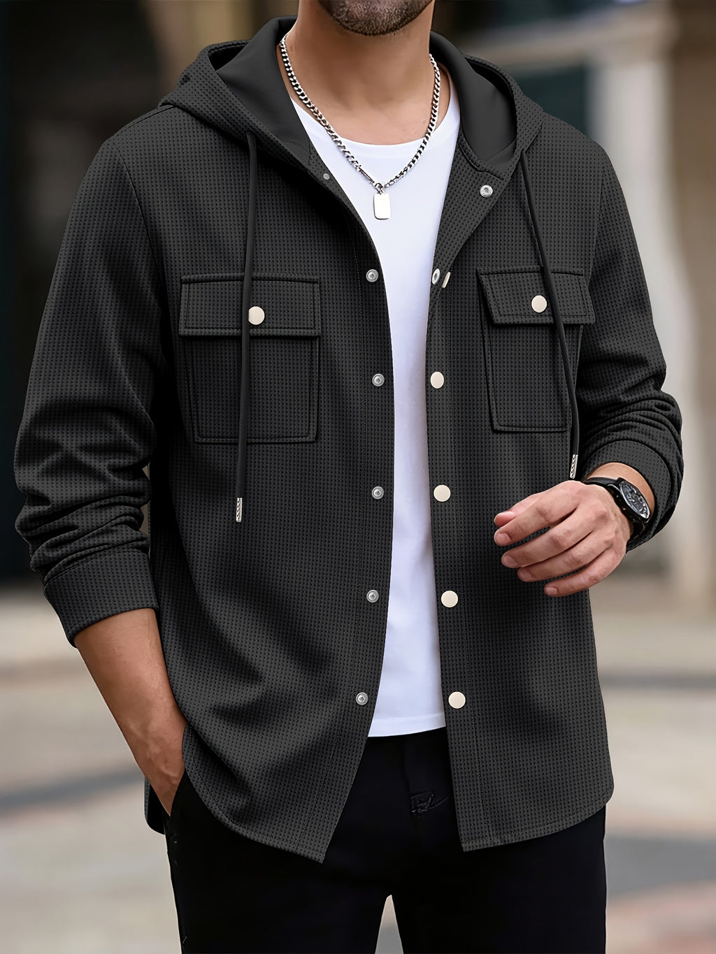 Men'S Waffle Knit Hooded Jacket - Button-Up Workwear Coat - Casual Jacket with Pockets - Spring And Autumn Commute Outfit - Korean Style for Outdoor Activities, Camping, Hiking - Black