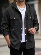 Men'S Waffle Knit Hooded Jacket - Button-Up Workwear Coat - Casual Jacket with Pockets - Spring And Autumn Commute Outfit - Korean Style for Outdoor Activities, Camping, Hiking - Black