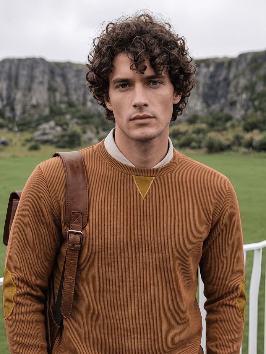 Men'S Corduroy Long-Sleeve Crew-Neck Pullover Leisure Work Outdoor Daily Wear Faux Collar Elbow Patches Design Loose Regular Fit Suitable for Spring, Autumn, And Winter Four Seasons Solid Color Minimalist Tone - Caramel Brown