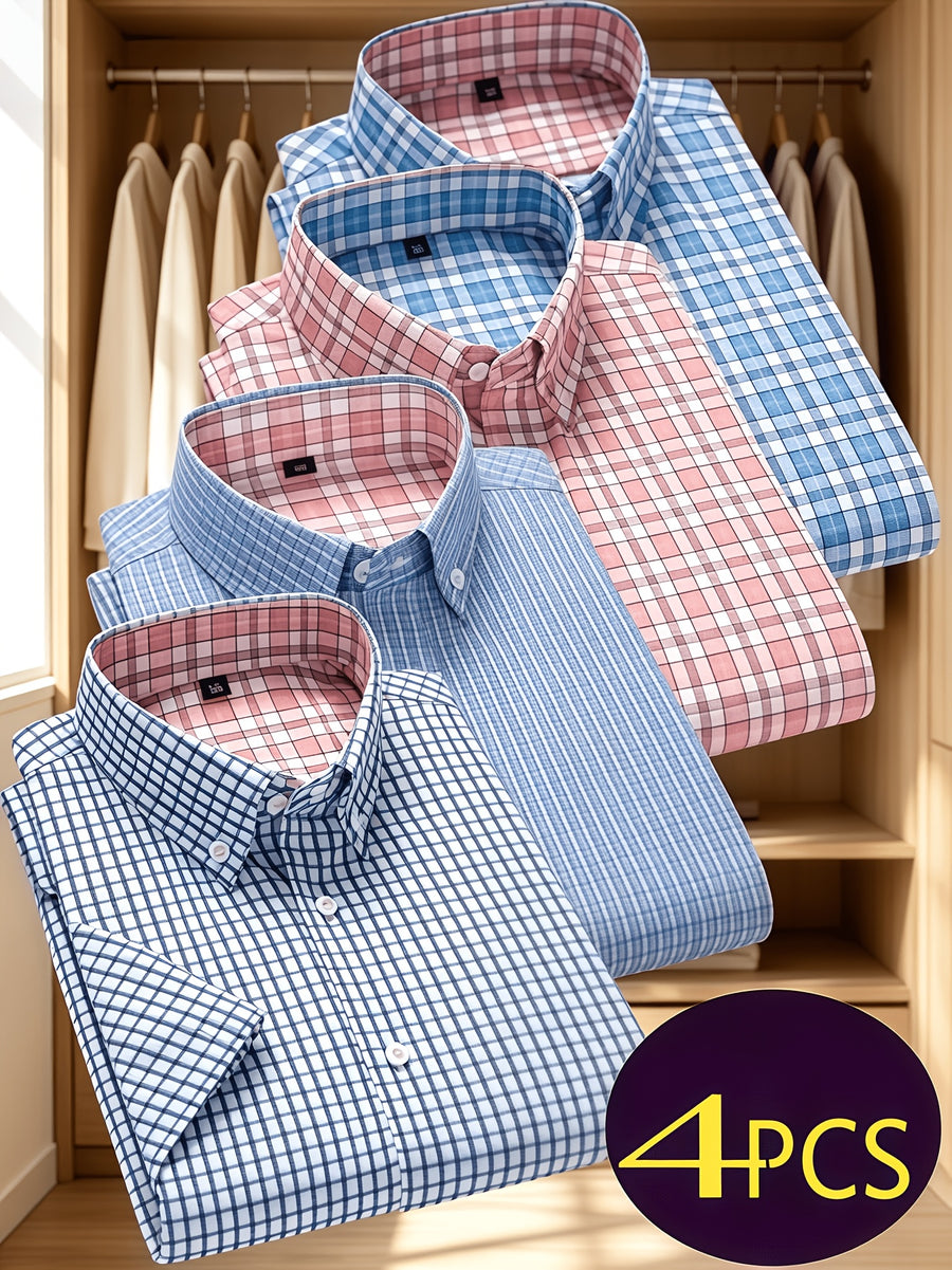 Multi-Color Plaid Men'S Short Sleeve Shirt 4pcs Set, Christmas Gift, Holiday Wear, Office, Date Night, Easy Fit with Festive Style, Casual Wear, Full Holiday Atmosphere, Easy to Get Festive Photos, Easy Cut, Versatile for Layering And Single Wear - Light Blue+Pink+Silvery Gray+Light Blue