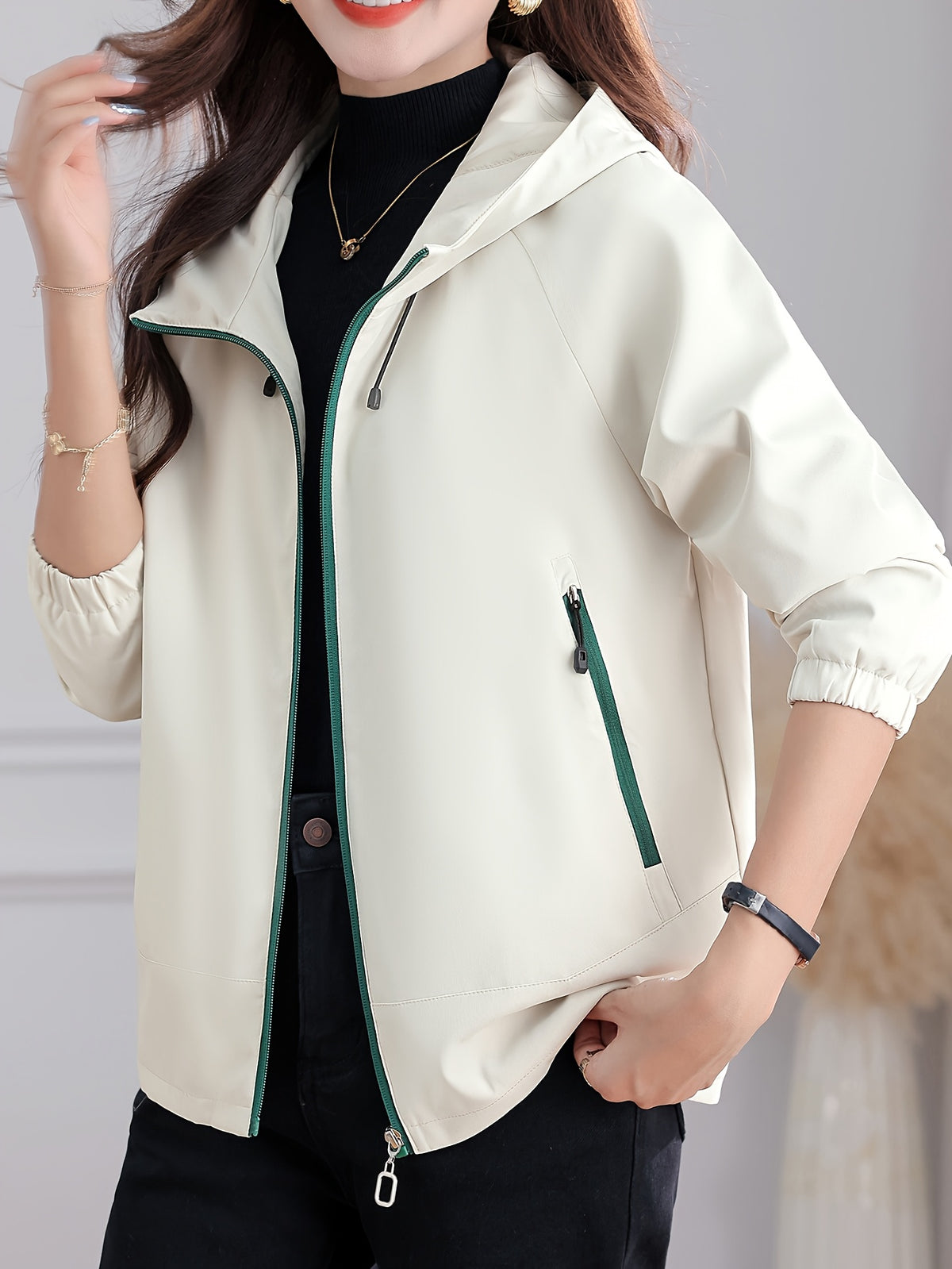 Autumn/Winter -Lined Jacket, Outdoor Hooded Women's Top for Daily Outings, Loose Fit Long-Sleeve Cardigan, Wear-Resistant, Thickened, and Warm for Commuting, Strolling, Hiking, Simple and Versatile Women's Outdoor Casual Top - Off-white