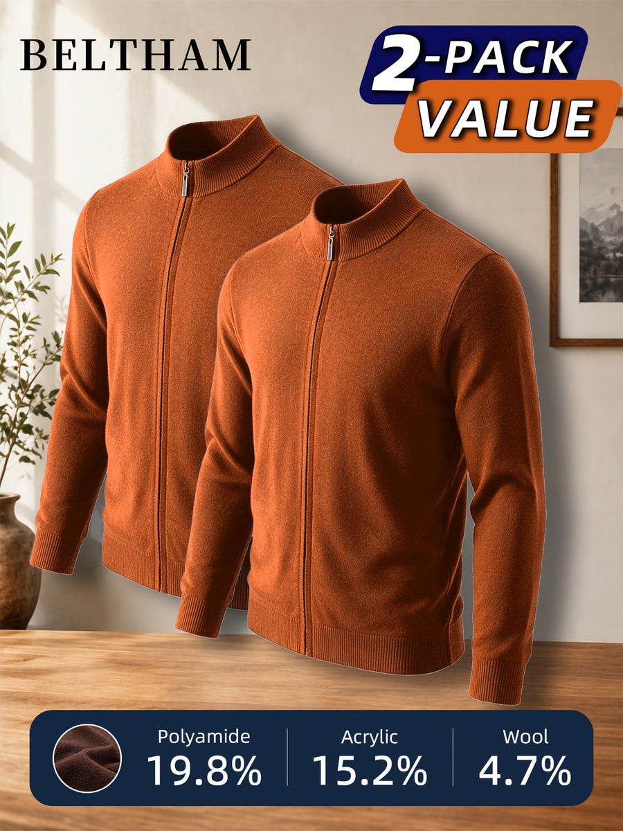 2pcs New Spring Autumn Winter Men'S Knit Cardigan, Ideal Gift for Father And Husband, Solid Color Zipper Design Sweater, Elegant Versatile Knit Cardigan Coat, Suitable for Daily Casual Business Sports Outdoor Camping Fishing Wear - Tangerine