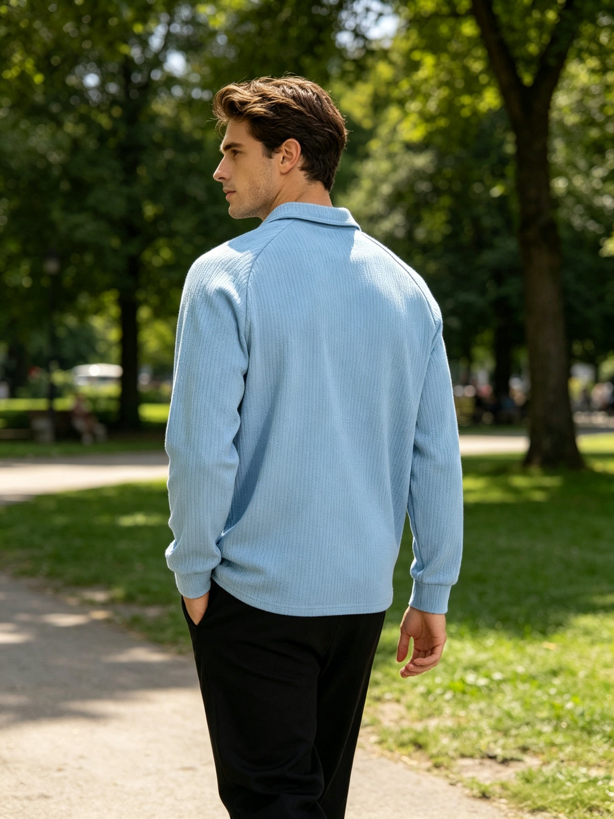 Textured Half-Zip Polo Sweatshirt, Men'S Spring/Autumn Casual Versatile Stand-Up Collar Pullover Long Sleeve Top - Sky Blue