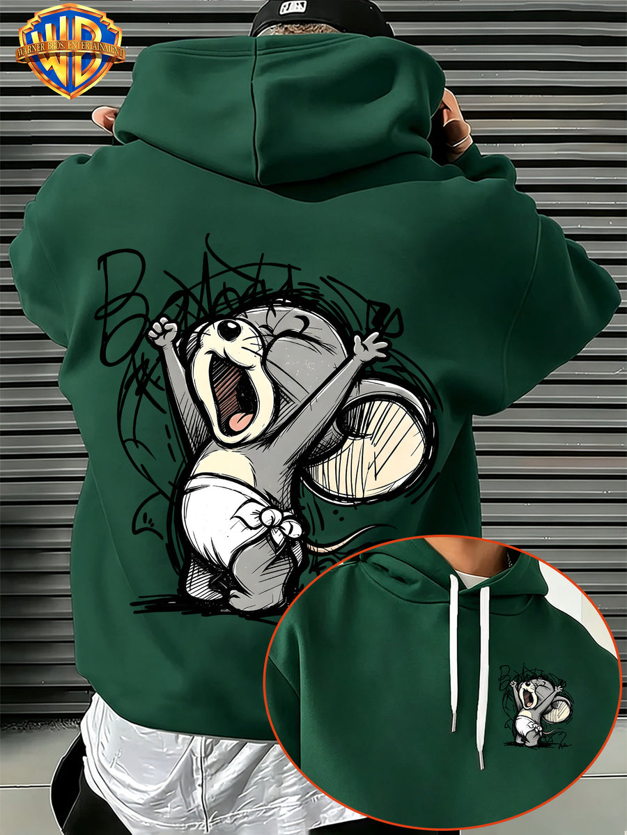 Licensed by Warner Bros., Sketch Style Cute Young Animals, Exuberant Cheering Expression with Casual Graffiti Art Letter Trendy Cool Print Men'S Fashion Hooded Sweatshirt, Sleeve Print Design, Kangaroo Pouch, Drawstring Hood - Green